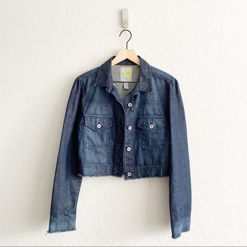 Dark Wash Raw Hem Cropped Denim Jean Jacket Large